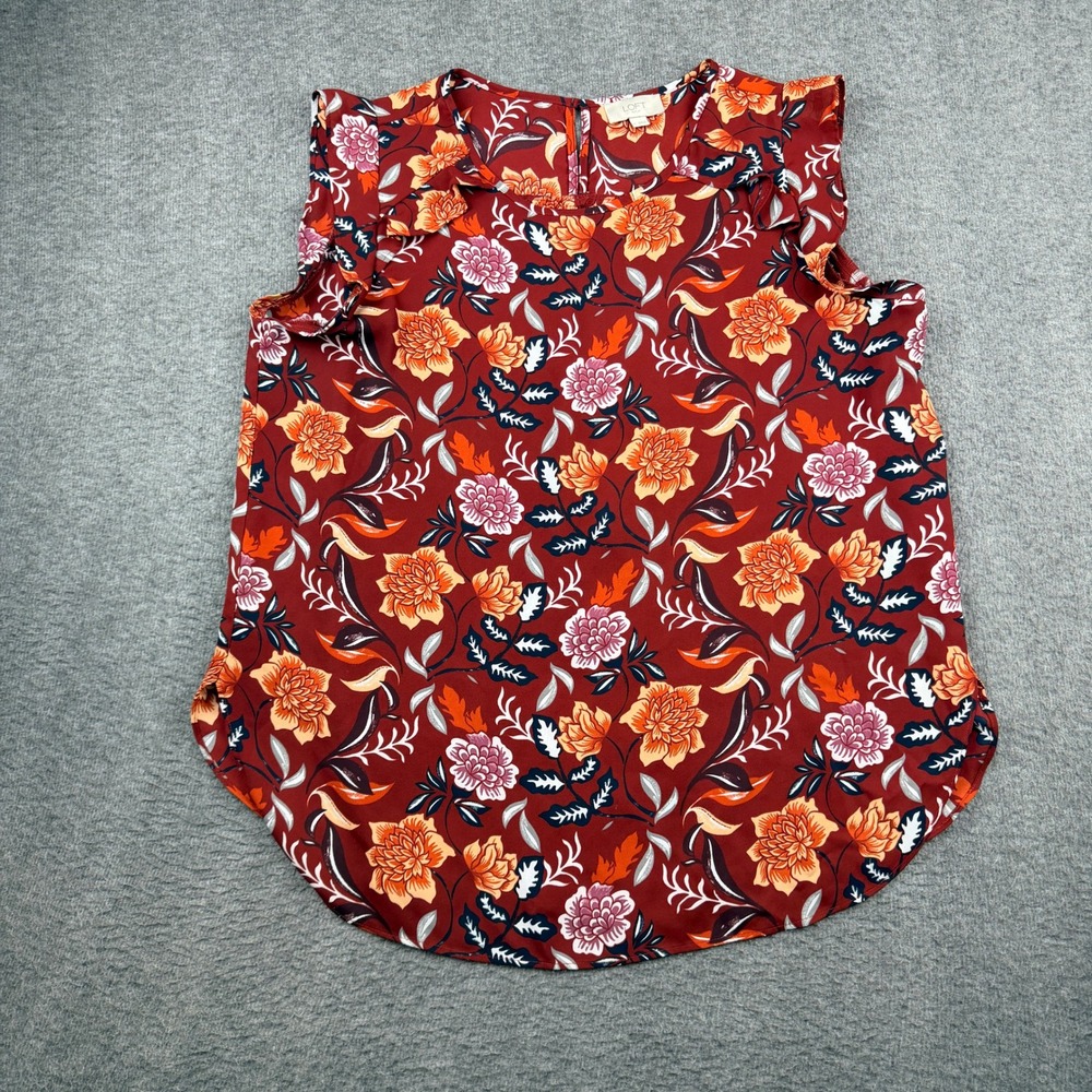 LOFT Outlet Floral Ruffle Women's L Large Sleeve Blouse Maroon Orange
